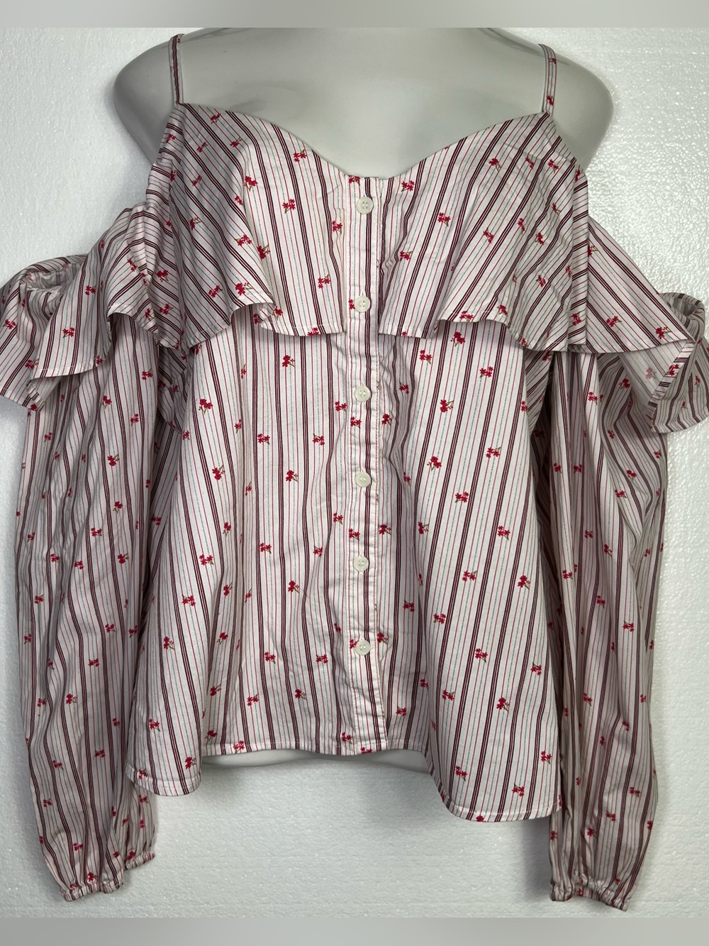 Belle & Sky Button Down Cold Shoulder Blouse Striped Floral size XXL